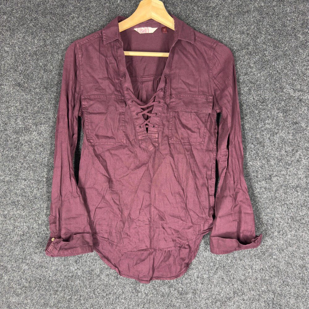 So Blouse Women XS Purple Collared Long Sleeve Tasseled Pockets Cotton Casual